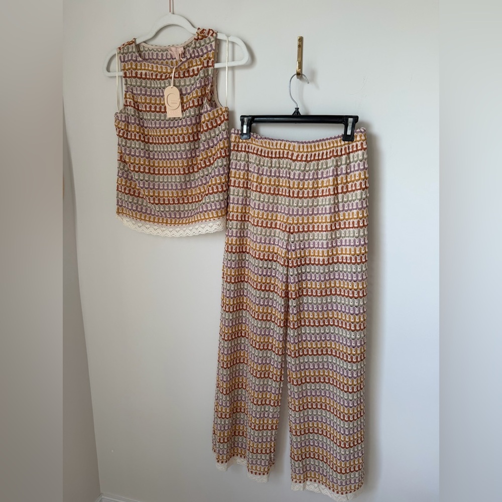 Good luck gem crochet lace trim Wide-Leg Pants & Tank two piece Set